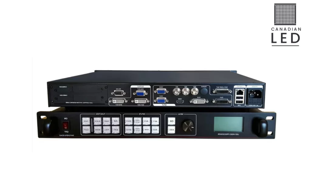 Professional LED video processor with multiple input and output options for seamless display control.