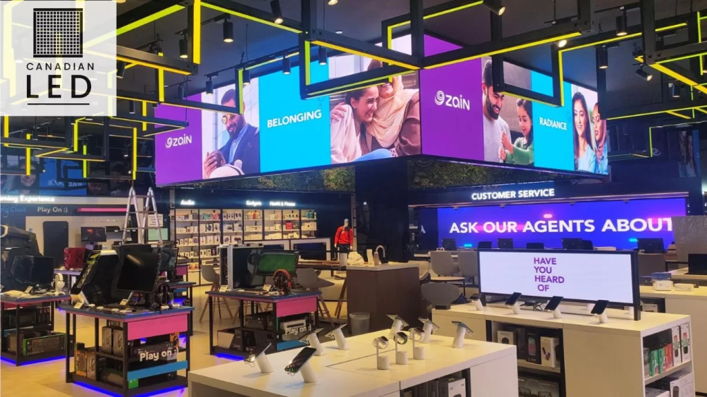 Modern retail store with LED video walls displaying vibrant digital content, installed by Canadian LED.