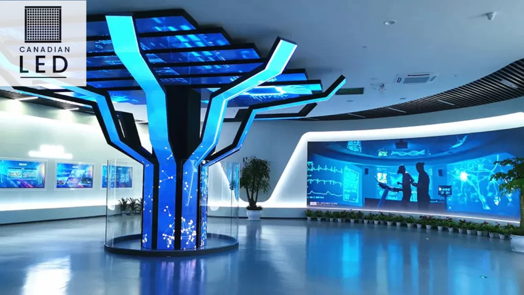 Futuristic LED display installation with an interactive digital tree and curved LED walls, creating an immersive high-tech environment.