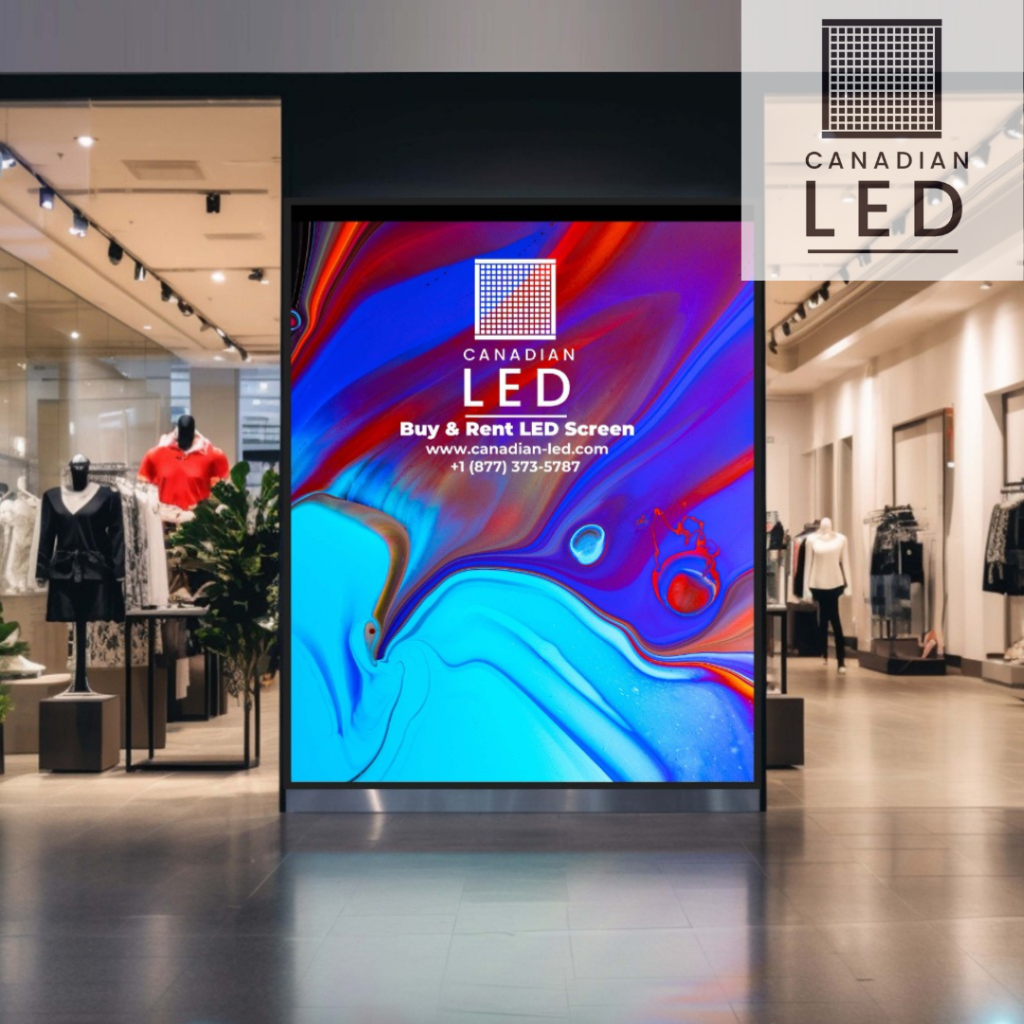 Bright digital LED screen by Canadian LED displayed in a shopping mall promoting LED screen sales and rentals.