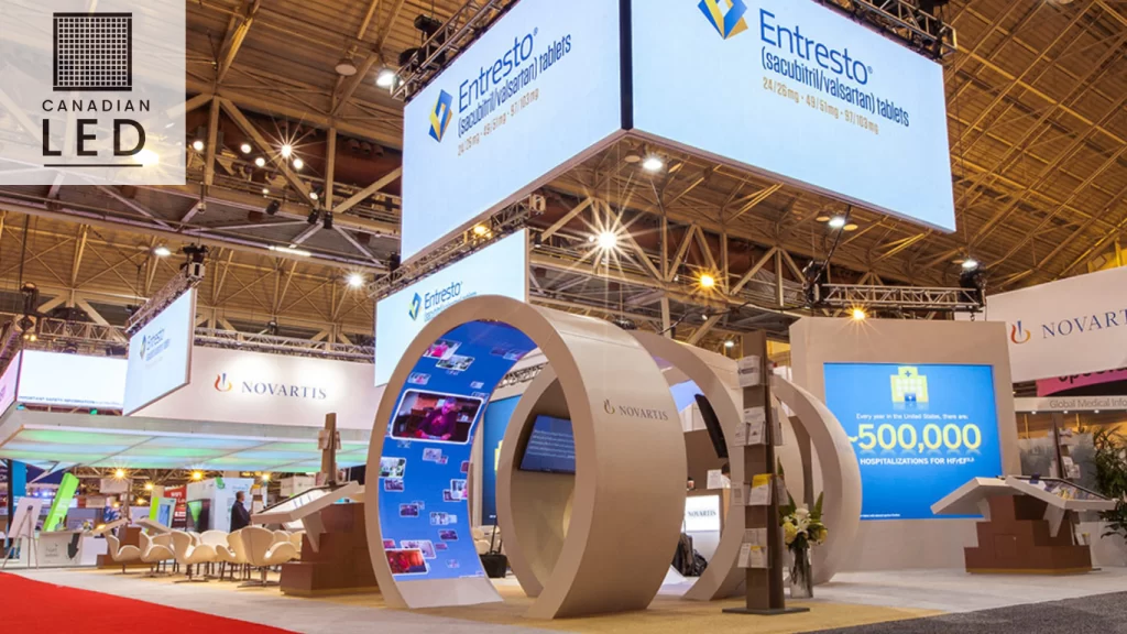 LED displays at Novartis trade show booth featuring Entresto promotion and hospitalization statistics, installed by Canadian LED.