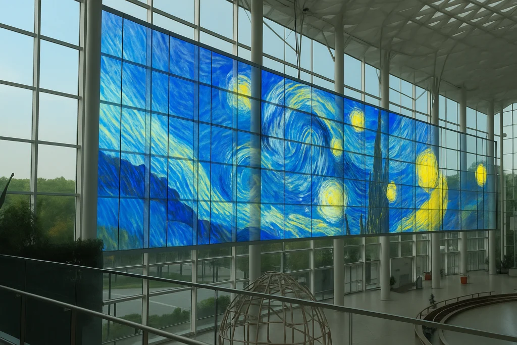 Large indoor LED screen displaying Van Gogh's "Starry Night" in a modern glass building.