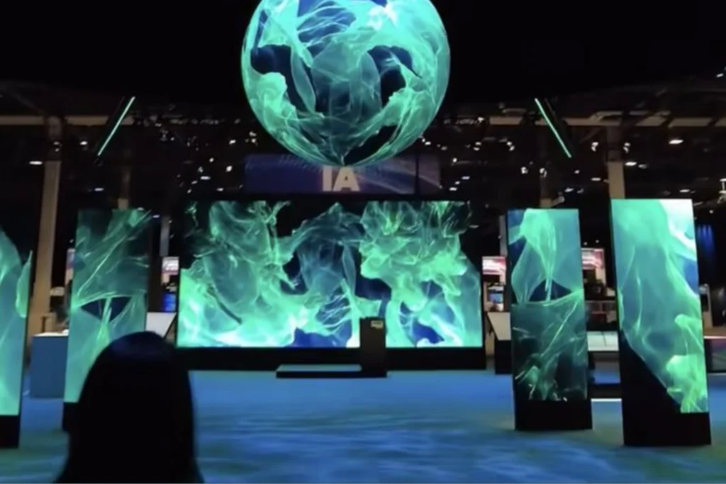Immersive LED display installation at an indoor event featuring a large central LED screen, multiple vertical LED columns, and a glowing suspended LED globe, all showing synchronized green-blue visuals.