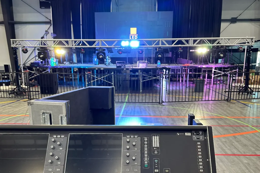 Professional LED stage and lighting setup ready for a live indoor event.