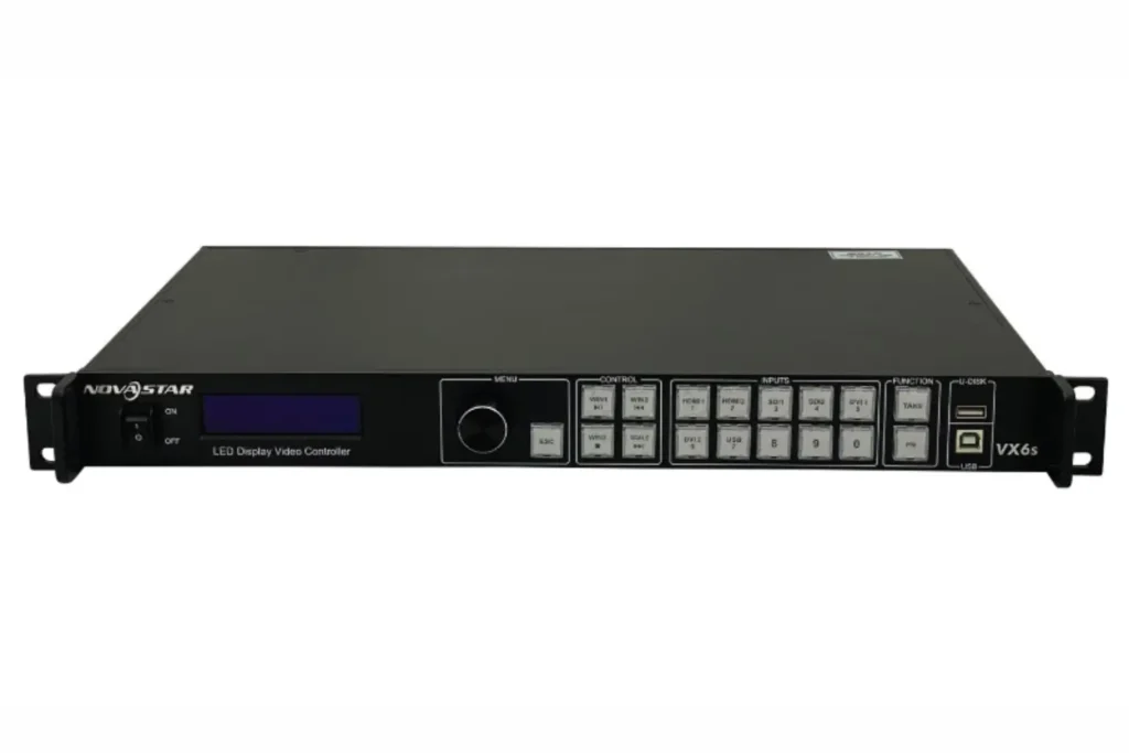NovaStar VX6s LED display video controller with control buttons, input ports, and display screen.