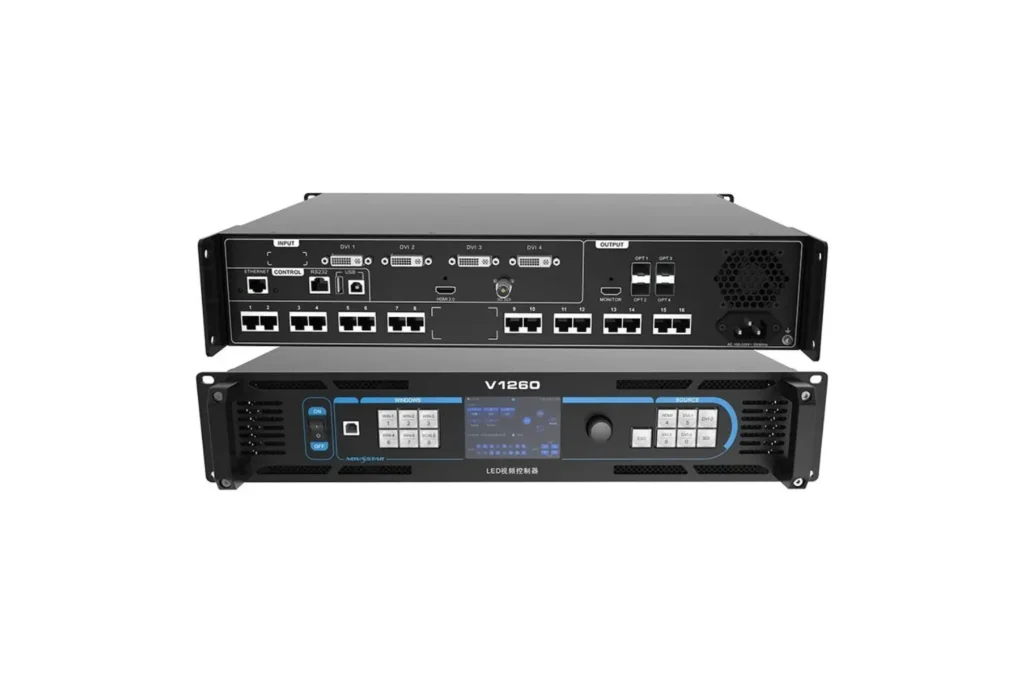 NovaStar V1260 LED display video controller showing front panel controls and rear connectivity ports.