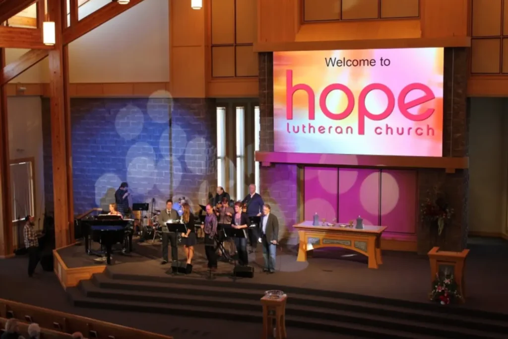 Canadian LED church display installation at Hope Lutheran Church with large LED screen and live worship band.